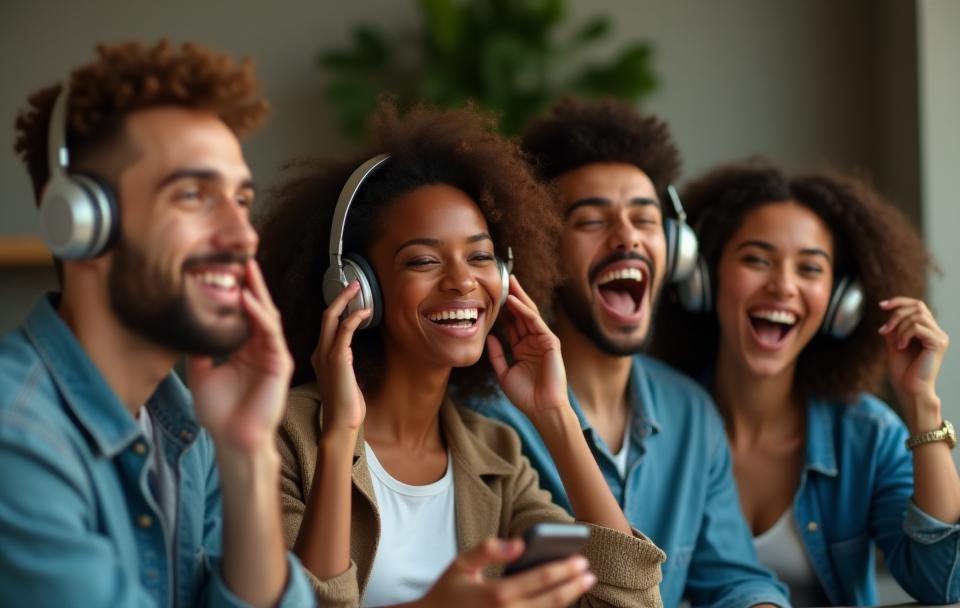 Unge voksne som lytter til musikk sammen på hodetelefoner